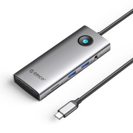 HUB 8w1 USB-C - USB-A USB-C HDMI SD microSD RJ45 mini jack PD 100W 4K 60Hz - szary