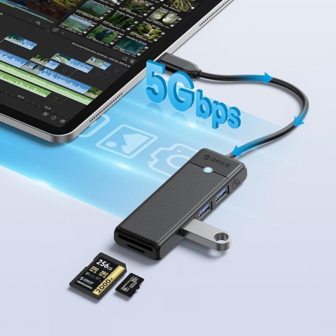HUB adapter 4-portowy USB-C - USB-A czytnik kart SD microSD 1 m - czarny