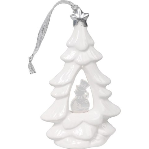 Choinka ceramiczna z podświetlanym bałwankiem LED, biała, 15 cm.