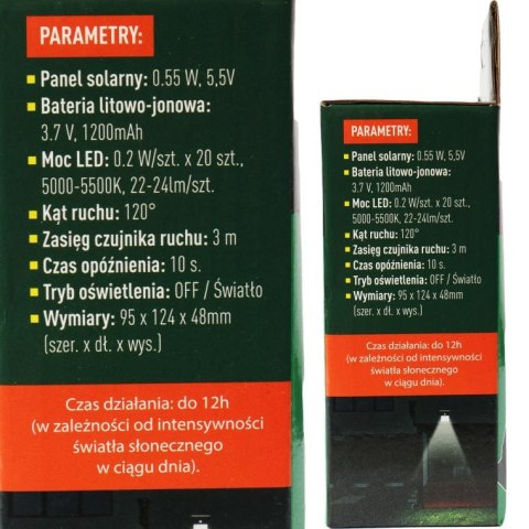 Lampa Solarna LED z Czujnikiem Ruchu i Zmierzchu, Zasilana Energia Słoneczną, Montażowy Panel Światła Zewnętrznego Białego Zimne