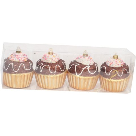 Zestaw 4 Bombek Bożonarodzeniowych Muffinki Czekoladowe z Brokatem, 8 cm, Plastikowe