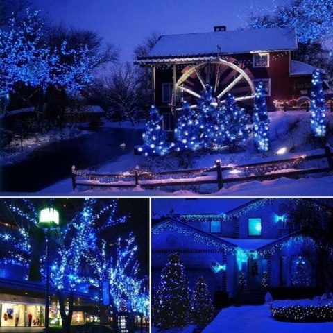 Zewnętrzne Lampki Choinkowe LED 100 szt. Niebieski Kolor światła, Biały Przewód, Kontroler 8 Funkcji, Zasilanie Sieciowe